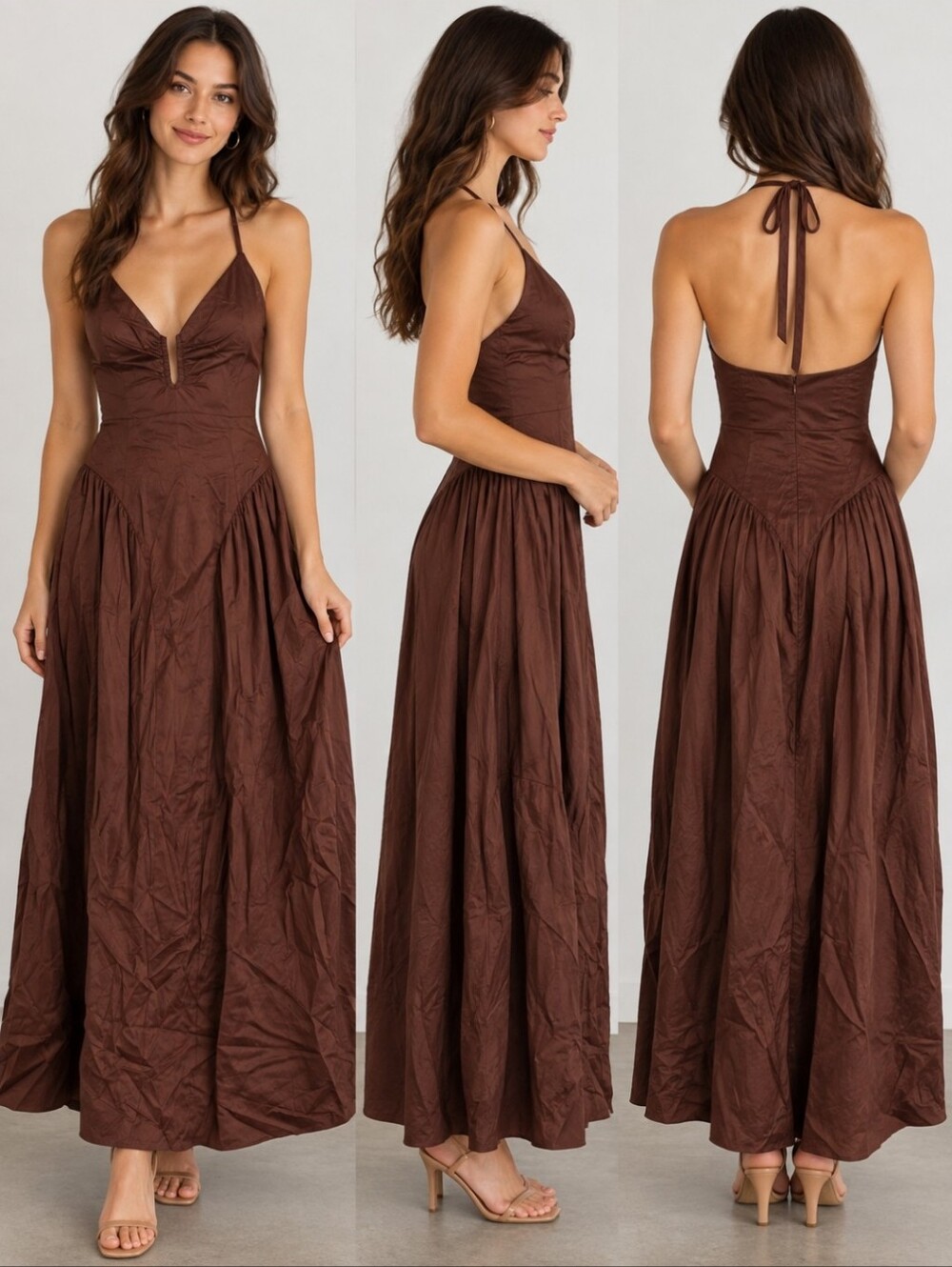 Beauty & Grace Size S Brown Cotton Halter Maxi Dress Y2K Boho Drop Waist Boho